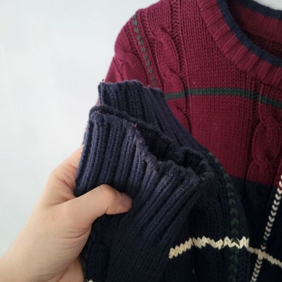 John Ashford 100% Cotton Plaid Knit Sweater Burgundy/Navy/White/Green Large 90s - Picture 6 of 7